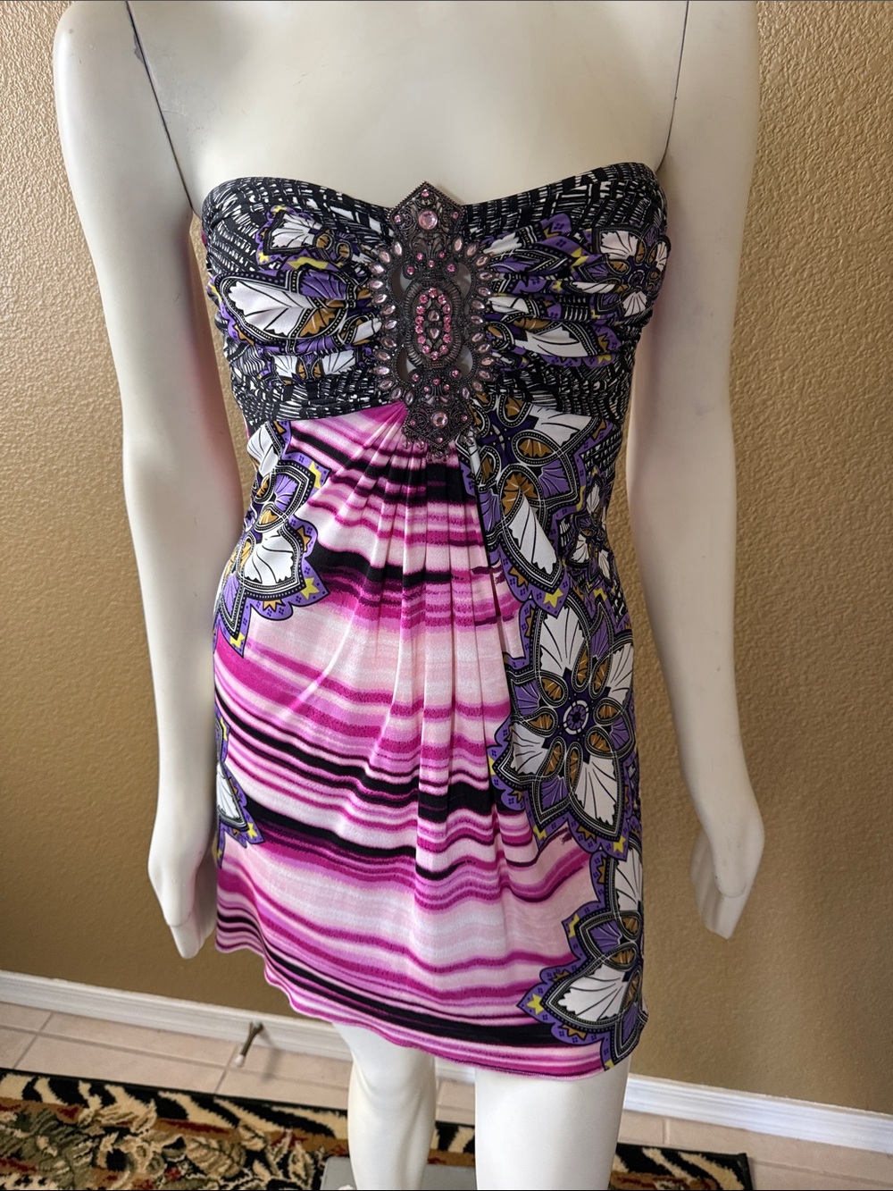 Sky Strapless Beaded Mini Dress in Pink, Purple and Black